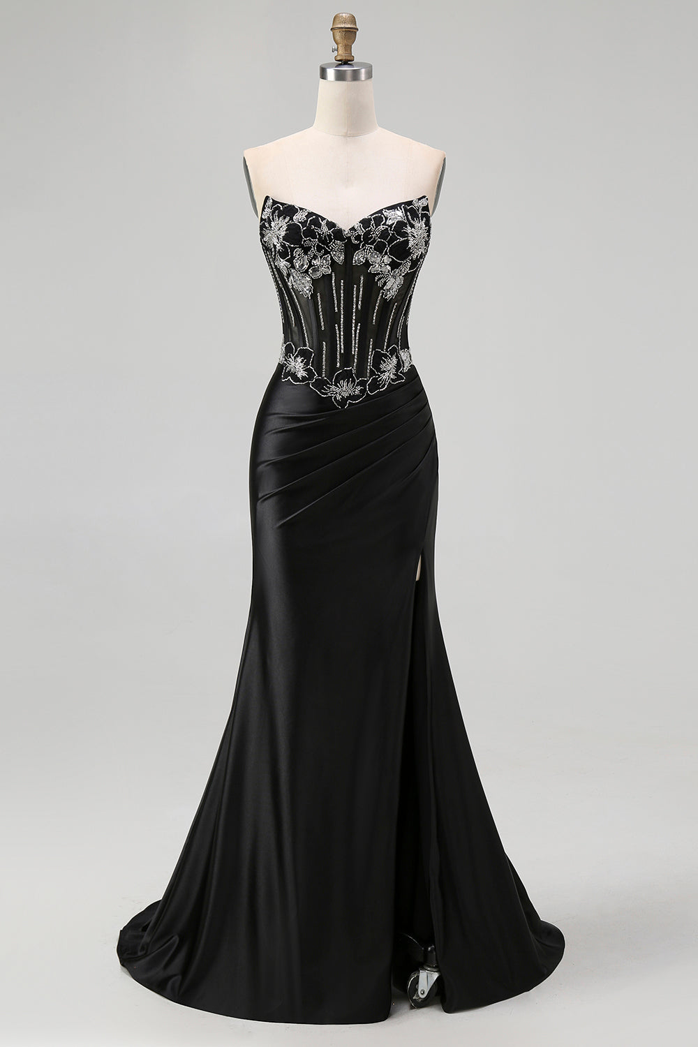 Sparkly Black Corset Mermaid Beaded Long Formal Dress with Slit