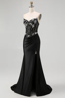 Load image into Gallery viewer, Sparkly Black Corset Mermaid Beaded Long Formal Dress with Slit