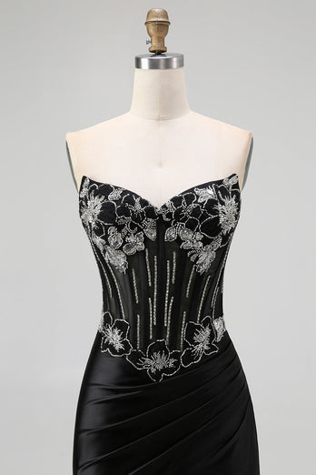 Sparkly Black Corset Mermaid Beaded Long Formal Dress with Slit