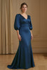 Load image into Gallery viewer, Navy Satin V-Neck Mermaid Long Wedding Guest Dress with Puff Sleeves