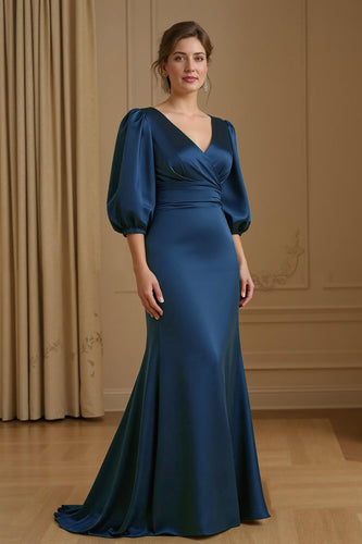 Navy Satin V-Neck Mermaid Long Wedding Guest Dress with Puff Sleeves