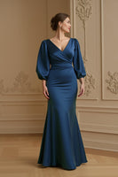 Load image into Gallery viewer, Navy Satin V-Neck Mermaid Long Wedding Guest Dress with Puff Sleeves