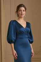 Load image into Gallery viewer, Navy Satin V-Neck Mermaid Long Wedding Guest Dress with Puff Sleeves