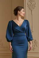 Load image into Gallery viewer, Navy Satin V-Neck Mermaid Long Wedding Guest Dress with Puff Sleeves