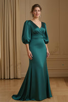 Load image into Gallery viewer, Navy Satin V-Neck Mermaid Long Wedding Guest Dress with Puff Sleeves