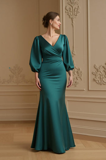 Navy Satin V-Neck Mermaid Long Wedding Guest Dress with Puff Sleeves