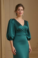 Load image into Gallery viewer, Navy Satin V-Neck Mermaid Long Wedding Guest Dress with Puff Sleeves