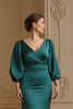Load image into Gallery viewer, Navy Satin V-Neck Mermaid Long Wedding Guest Dress with Puff Sleeves