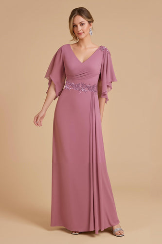 Dusty Rose Chiffon A-Line Long Wedding Guest Dress with Appliques