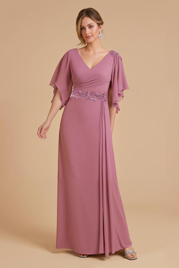 Dusty Rose Chiffon A-Line Long Wedding Guest Dress with Appliques
