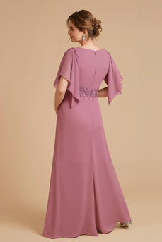 Dusty Rose Chiffon A-Line Long Wedding Guest Dress with Appliques