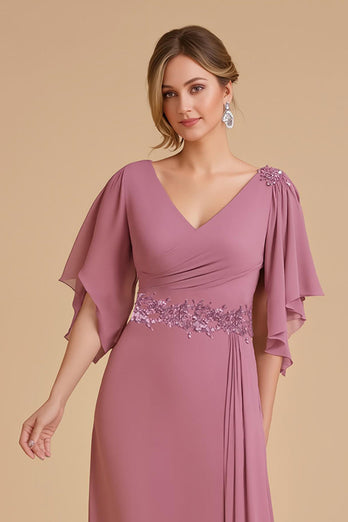 Dusty Rose Chiffon A-Line Long Wedding Guest Dress with Appliques