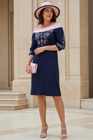 Load image into Gallery viewer, Navy Satin Sheath Off The Shoulder Midi Wedding Guest Dress