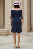 Load image into Gallery viewer, Navy Satin Sheath Off The Shoulder Midi Wedding Guest Dress