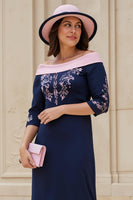 Load image into Gallery viewer, Navy Satin Sheath Off The Shoulder Midi Wedding Guest Dress