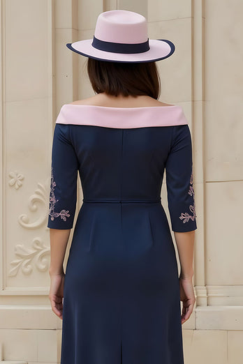 Navy Satin Sheath Off The Shoulder Midi Wedding Guest Dress