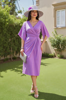 Load image into Gallery viewer, Purple Ruched Sheath V-Neck Midi Wedding Guest Dress