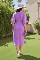 Load image into Gallery viewer, Purple Ruched Sheath V-Neck Midi Wedding Guest Dress