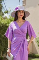 Load image into Gallery viewer, Purple Ruched Sheath V-Neck Midi Wedding Guest Dress