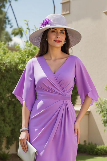 Purple Ruched Sheath V-Neck Midi Wedding Guest Dress