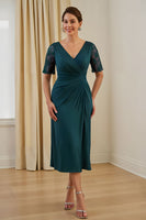 Load image into Gallery viewer, Pine V-Neck Ruched Sheath Midi Wedding Guest Dress with Lace