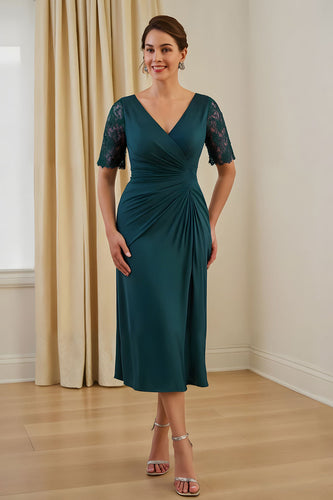 Pine V-Neck Ruched Sheath Midi Wedding Guest Dress with Lace