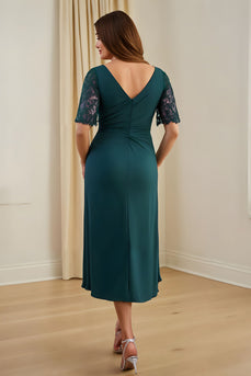Pine V-Neck Ruched Sheath Midi Wedding Guest Dress with Lace