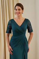 Load image into Gallery viewer, Pine V-Neck Ruched Sheath Midi Wedding Guest Dress with Lace