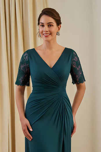 Pine V-Neck Ruched Sheath Midi Wedding Guest Dress with Lace