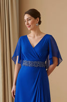 Load image into Gallery viewer, Royal Blue Chiffon V-Neck A-Line Long Wedding Guest Dress