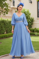 Load image into Gallery viewer, Dusty Blue Chiffon A Line V-Neck Long Wedding Guest Dress