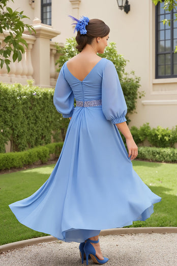 Dusty Blue Chiffon A Line V-Neck Long Wedding Guest Dress
