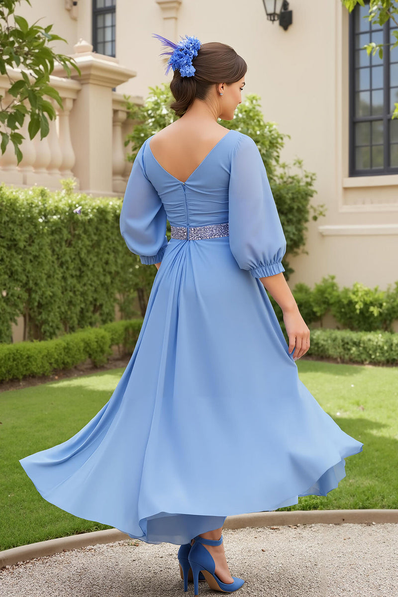 Load image into Gallery viewer, Dusty Blue Chiffon A Line V-Neck Long Wedding Guest Dress