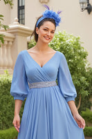 Load image into Gallery viewer, Dusty Blue Chiffon A Line V-Neck Long Wedding Guest Dress