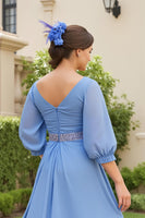 Load image into Gallery viewer, Dusty Blue Chiffon A Line V-Neck Long Wedding Guest Dress