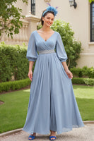 Load image into Gallery viewer, Dusty Blue Chiffon A Line V-Neck Long Wedding Guest Dress