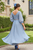 Load image into Gallery viewer, Dusty Blue Chiffon A Line V-Neck Long Wedding Guest Dress