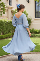 Load image into Gallery viewer, Dusty Blue Chiffon A Line V-Neck Long Wedding Guest Dress