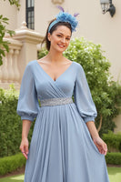 Load image into Gallery viewer, Dusty Blue Chiffon A Line V-Neck Long Wedding Guest Dress