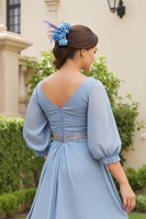Load image into Gallery viewer, Dusty Blue Chiffon A Line V-Neck Long Wedding Guest Dress