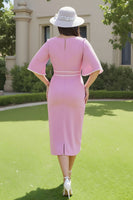 Load image into Gallery viewer, Candy Pink Sheath Deep V-Neck Midi Wedding Guest Dress