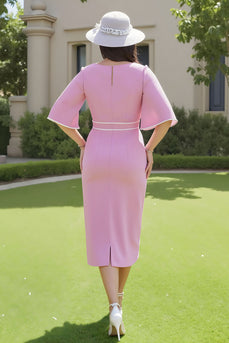 Candy Pink Sheath Deep V-Neck Midi Wedding Guest Dress