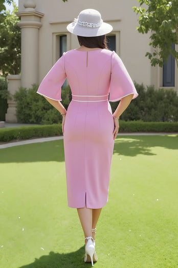 Candy Pink Sheath Deep V-Neck Midi Wedding Guest Dress