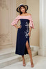 Load image into Gallery viewer, Navy Off The Shoulder Sheath Satin Midi Wedding Guest Dress