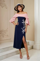 Load image into Gallery viewer, Navy Off The Shoulder Sheath Satin Midi Wedding Guest Dress