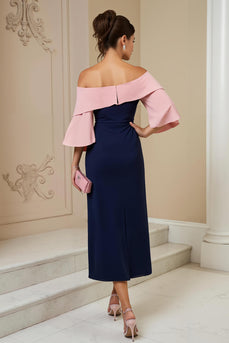 Navy Off The Shoulder Sheath Satin Midi Wedding Guest Dress