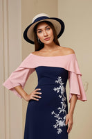 Load image into Gallery viewer, Navy Off The Shoulder Sheath Satin Midi Wedding Guest Dress