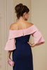 Load image into Gallery viewer, Navy Off The Shoulder Sheath Satin Midi Wedding Guest Dress