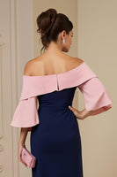Load image into Gallery viewer, Navy Off The Shoulder Sheath Satin Midi Wedding Guest Dress