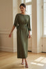 Load image into Gallery viewer, Olive Satin Sheath Boat Neck Long Wedding Guest Dress with Feathers
